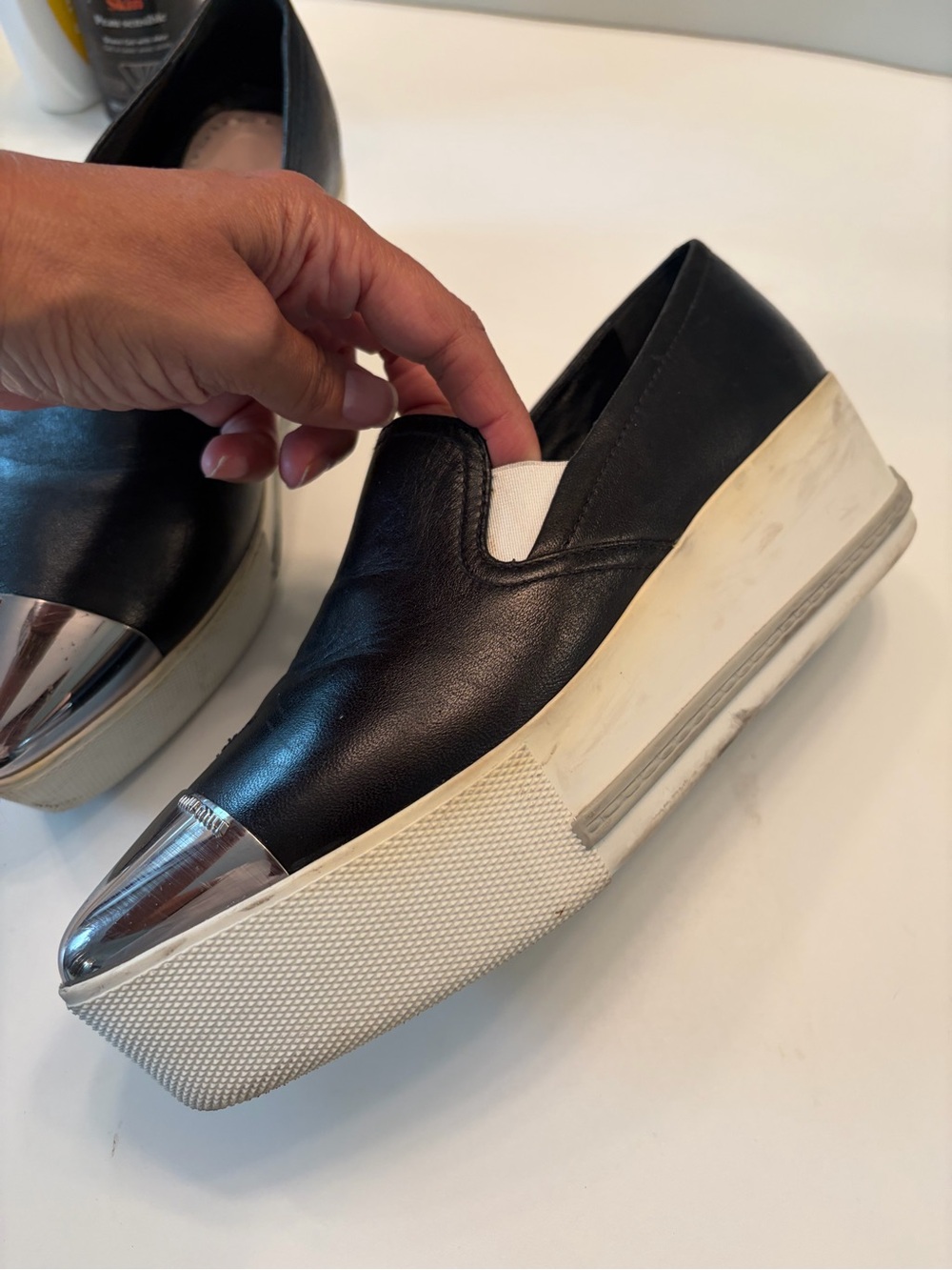 Miu Miu Black Leather Slip-On Platforn Sneakers with Silver Toe Cap - Picture 4 of 8
